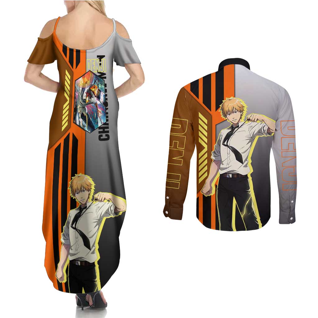 Denji from Chainsaw Man Couples Matching Summer Maxi Dress and Long Sleeve Button Shirt with Energetic Posing and Chainsaw Demon Design - The Mazicc