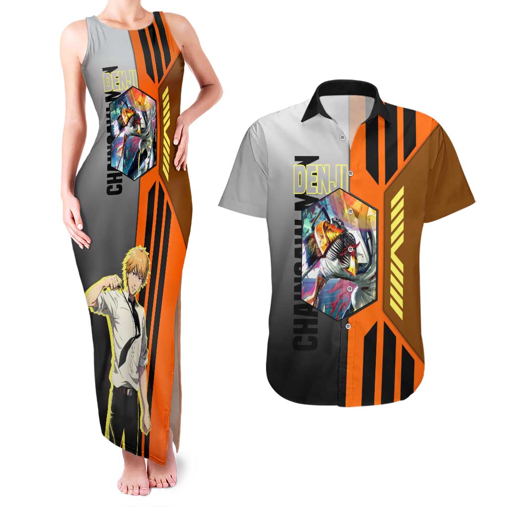 Denji from Chainsaw Man Couples Matching Tank Maxi Dress and Hawaiian Shirt with Energetic Posing and Chainsaw Demon Design - The Mazicc
