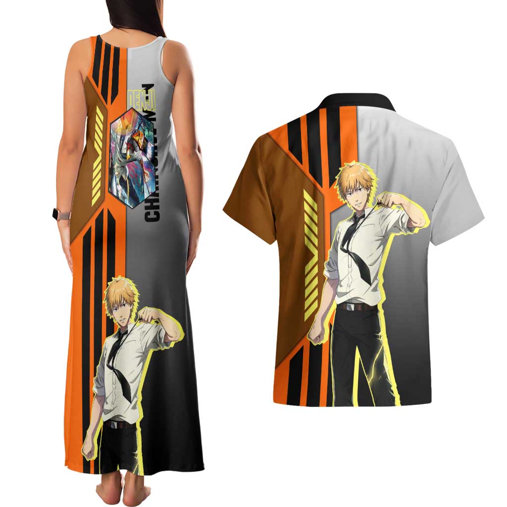 Denji from Chainsaw Man Couples Matching Tank Maxi Dress and Hawaiian Shirt with Energetic Posing and Chainsaw Demon Design - The Mazicc