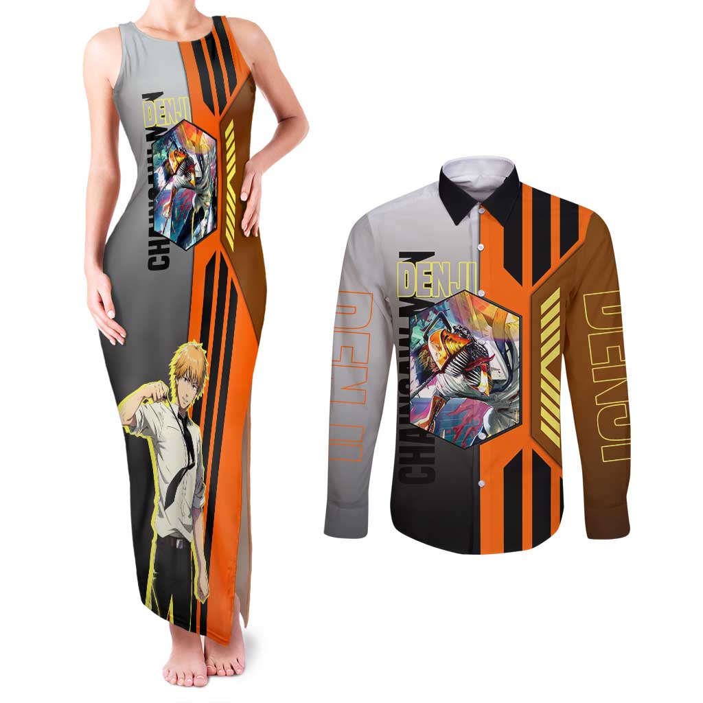Denji from Chainsaw Man Couples Matching Tank Maxi Dress and Long Sleeve Button Shirt with Energetic Posing and Chainsaw Demon Design - The Mazicc