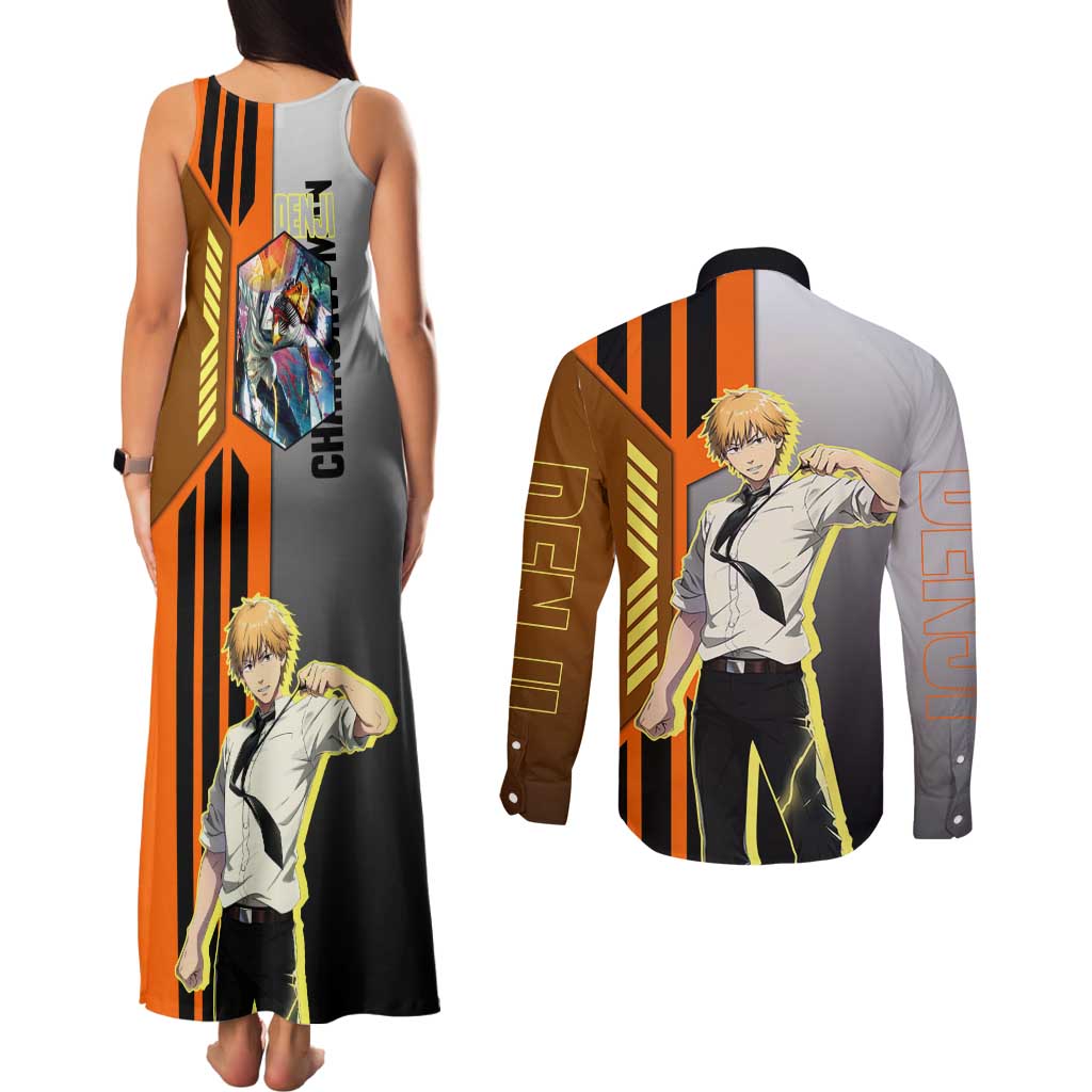 Denji from Chainsaw Man Couples Matching Tank Maxi Dress and Long Sleeve Button Shirt with Energetic Posing and Chainsaw Demon Design - The Mazicc