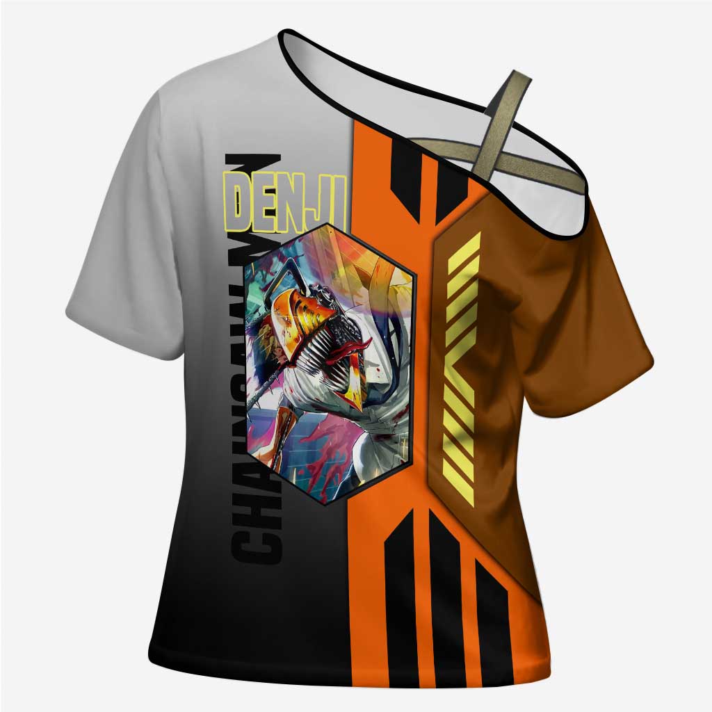 Denji from Chainsaw Man Cross Shoulder Shirt with Energetic Posing and Chainsaw Demon Design - The Mazicc