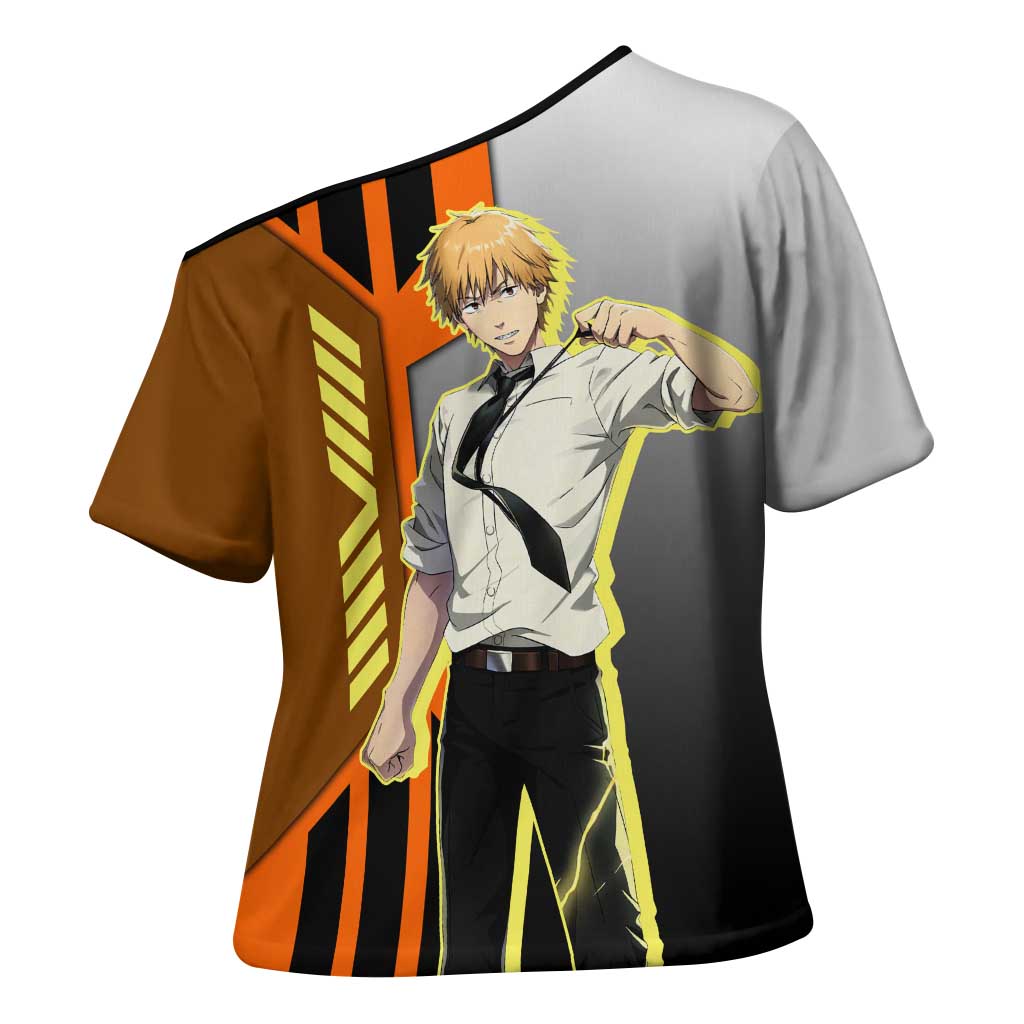 Denji from Chainsaw Man Cross Shoulder Shirt with Energetic Posing and Chainsaw Demon Design - The Mazicc