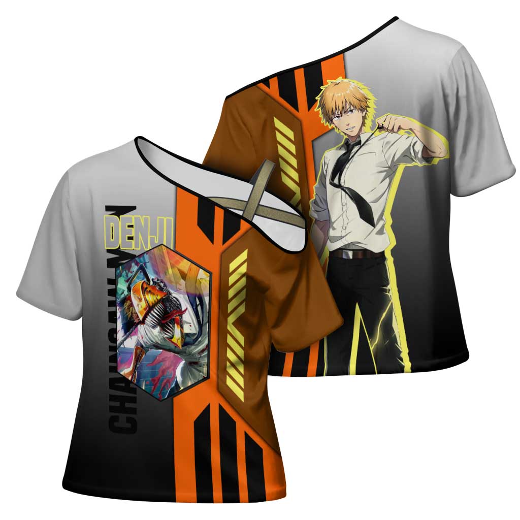 Denji from Chainsaw Man Cross Shoulder Shirt with Energetic Posing and Chainsaw Demon Design - The Mazicc
