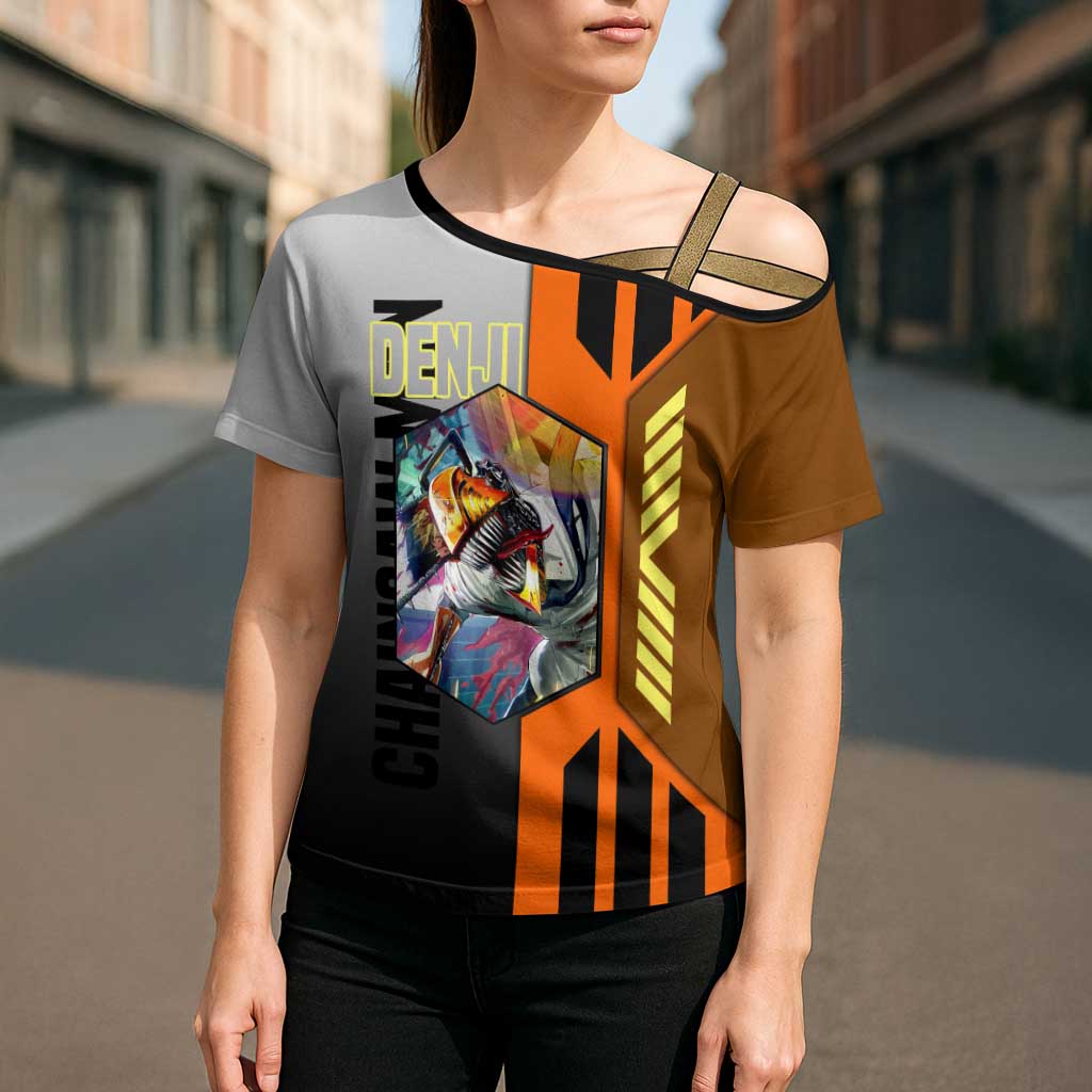 Denji from Chainsaw Man Cross Shoulder Shirt with Energetic Posing and Chainsaw Demon Design - The Mazicc