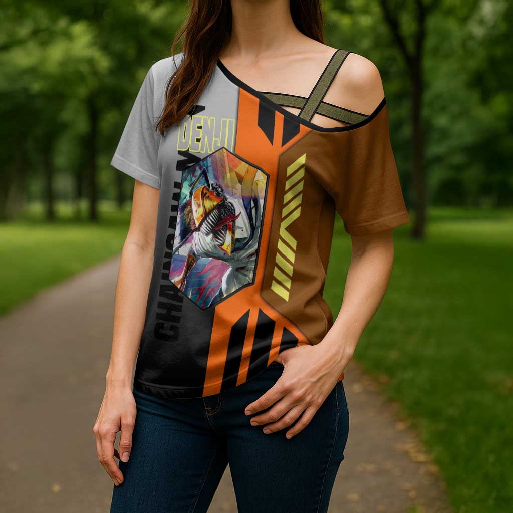 Denji from Chainsaw Man Cross Shoulder Shirt with Energetic Posing and Chainsaw Demon Design - The Mazicc
