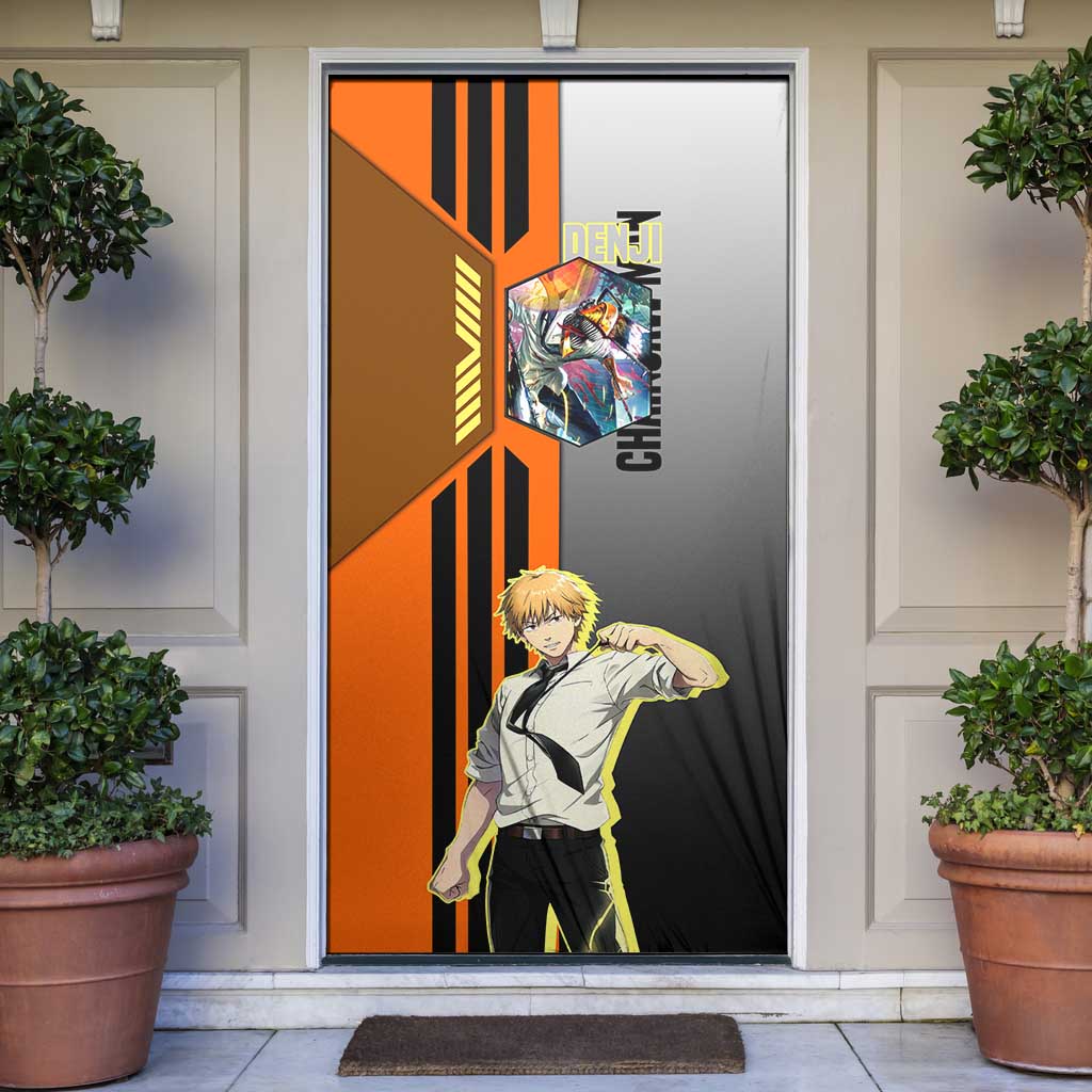 Denji from Chainsaw Man Door Cover with Energetic Posing and Chainsaw Demon Design - The Mazicc