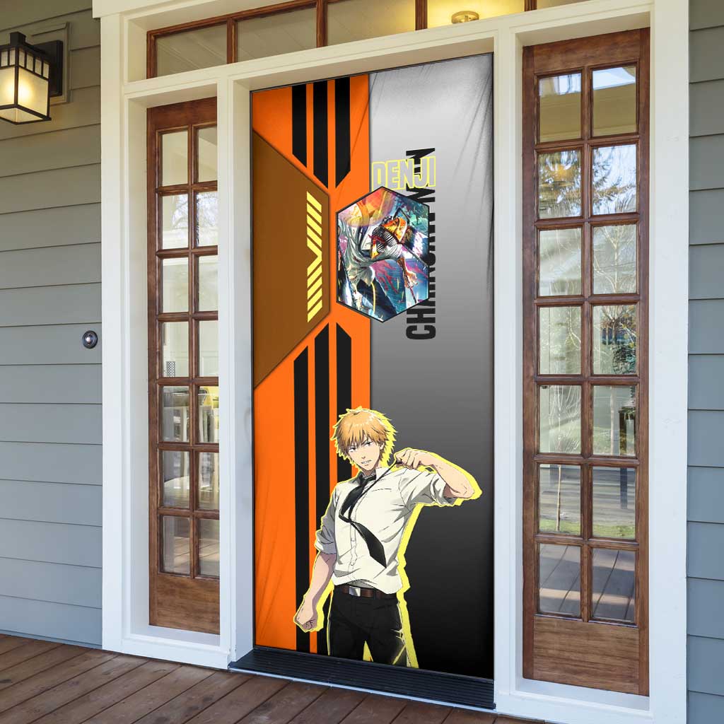 Denji from Chainsaw Man Door Cover with Energetic Posing and Chainsaw Demon Design - The Mazicc