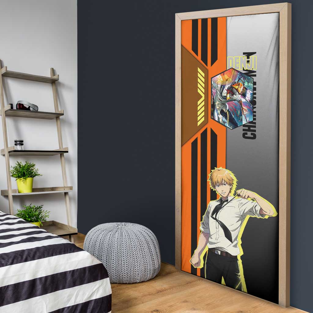 Denji from Chainsaw Man Door Cover with Energetic Posing and Chainsaw Demon Design - The Mazicc