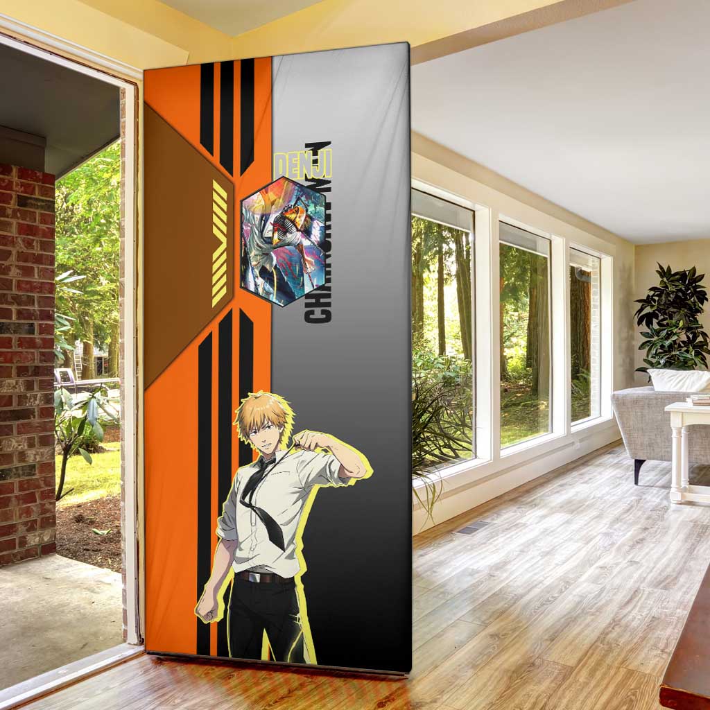 Denji from Chainsaw Man Door Cover with Energetic Posing and Chainsaw Demon Design - The Mazicc