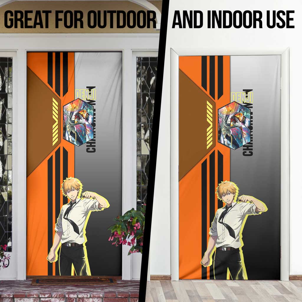 Denji from Chainsaw Man Door Cover with Energetic Posing and Chainsaw Demon Design - The Mazicc