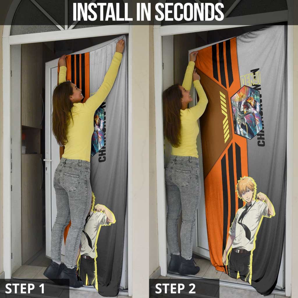 Denji from Chainsaw Man Door Cover with Energetic Posing and Chainsaw Demon Design - The Mazicc