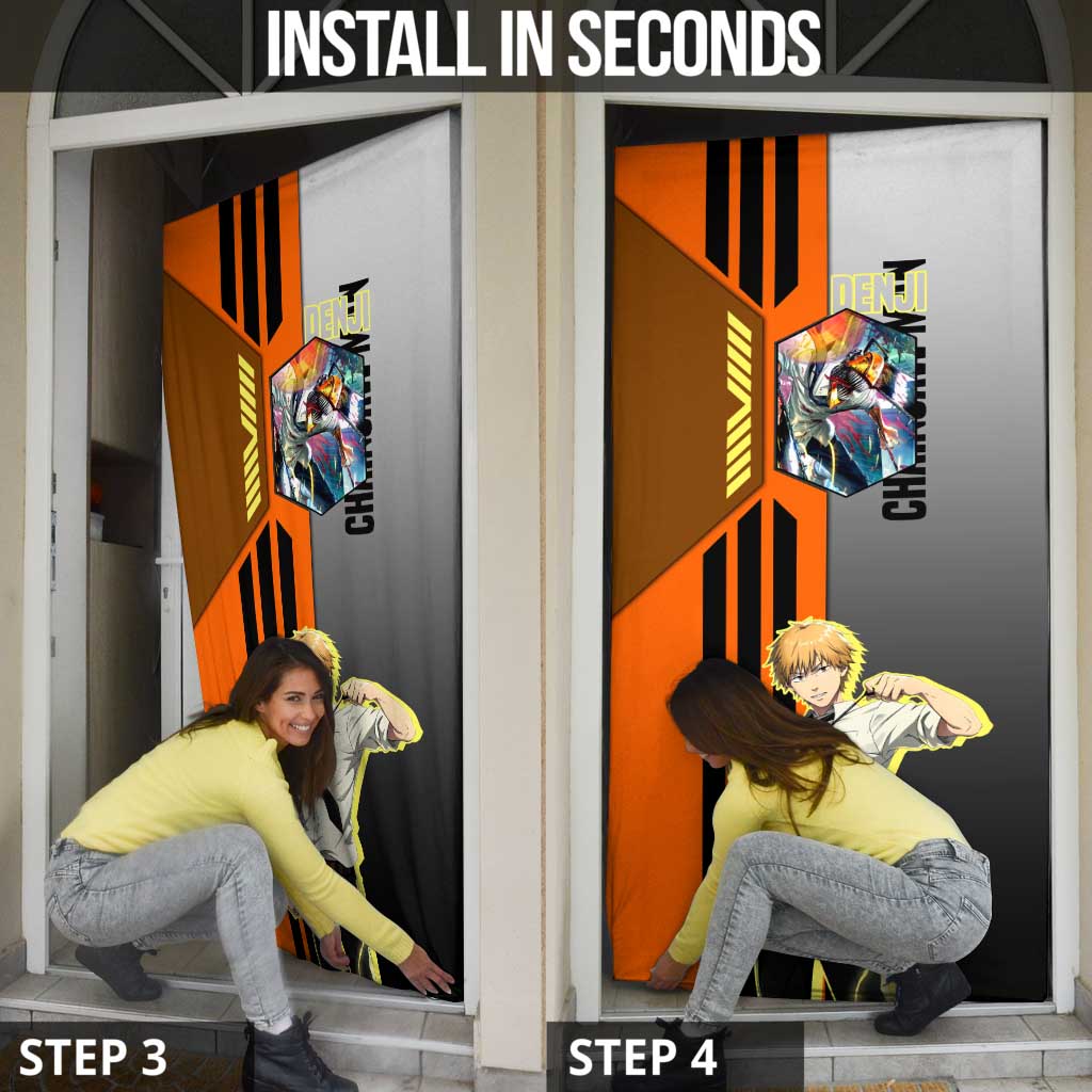 Denji from Chainsaw Man Door Cover with Energetic Posing and Chainsaw Demon Design - The Mazicc