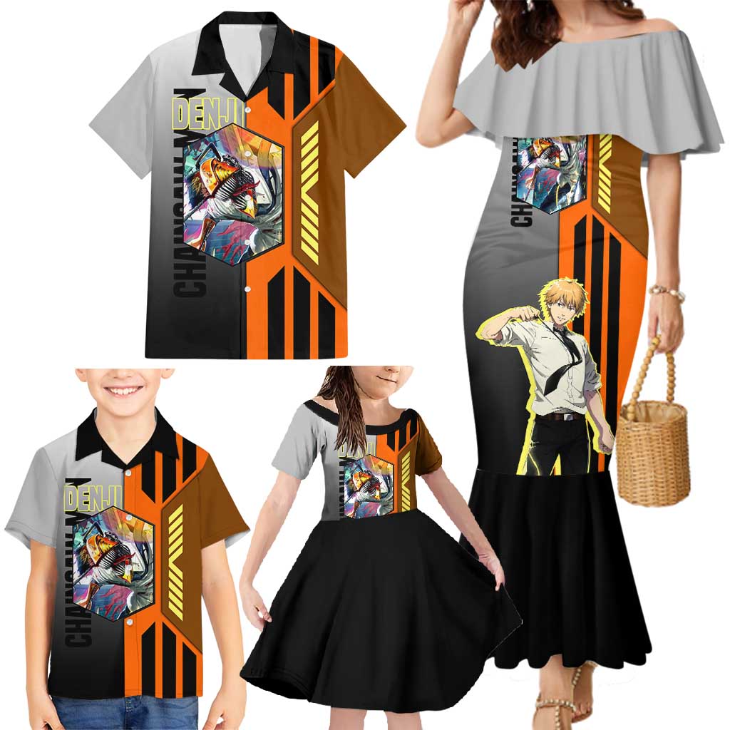 Denji from Chainsaw Man Family Matching Mermaid Dress and Hawaiian Shirt with Energetic Posing and Chainsaw Demon Design - The Mazicc