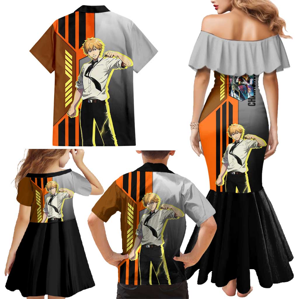 Denji from Chainsaw Man Family Matching Mermaid Dress and Hawaiian Shirt with Energetic Posing and Chainsaw Demon Design - The Mazicc