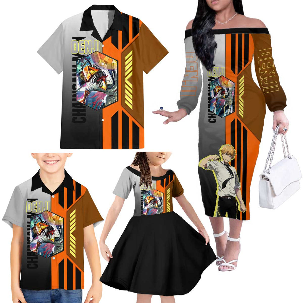 Denji from Chainsaw Man Family Matching Off The Shoulder Long Sleeve Dress and Hawaiian Shirt with Energetic Posing and Chainsaw Demon Design - The Mazicc