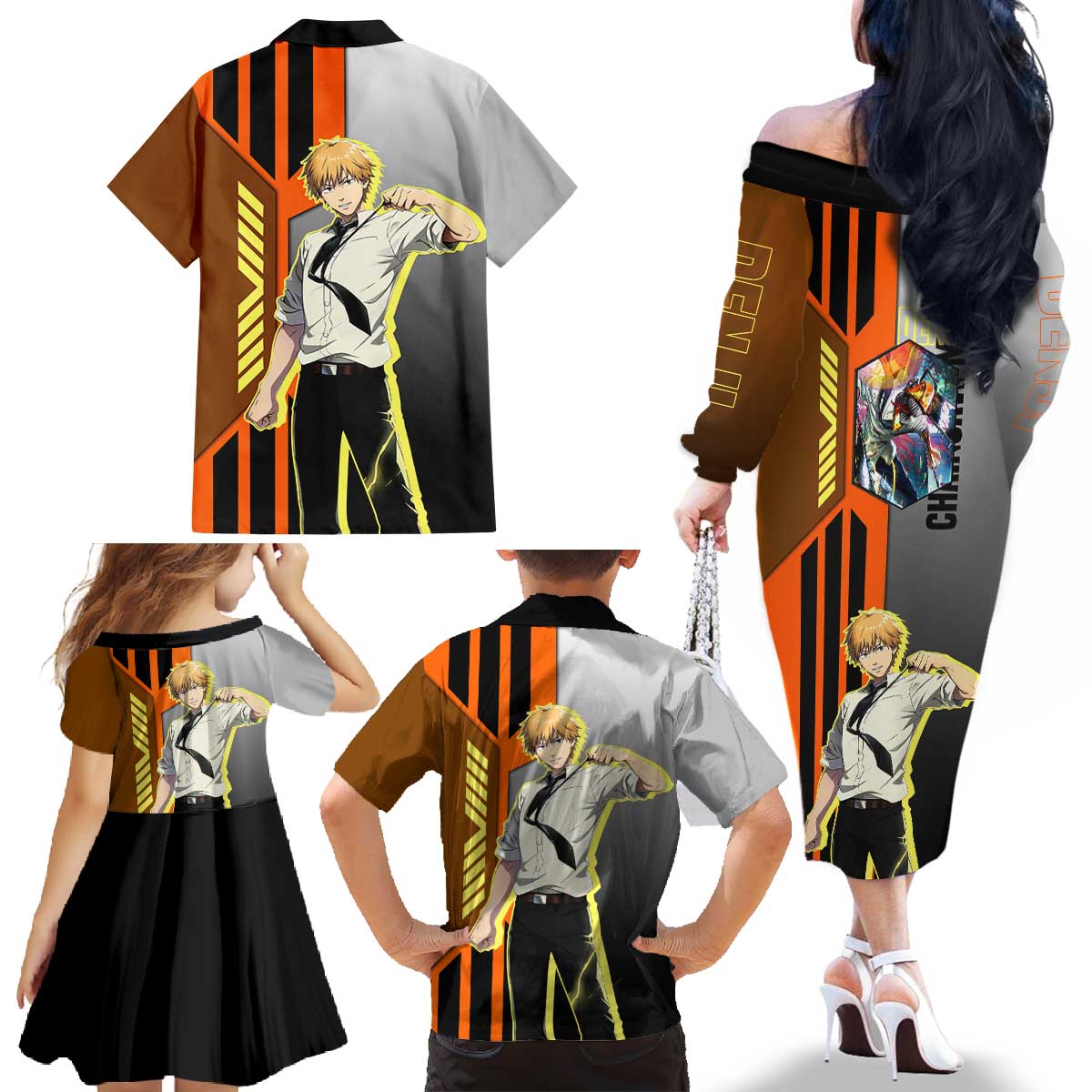Denji from Chainsaw Man Family Matching Off The Shoulder Long Sleeve Dress and Hawaiian Shirt with Energetic Posing and Chainsaw Demon Design - The Mazicc