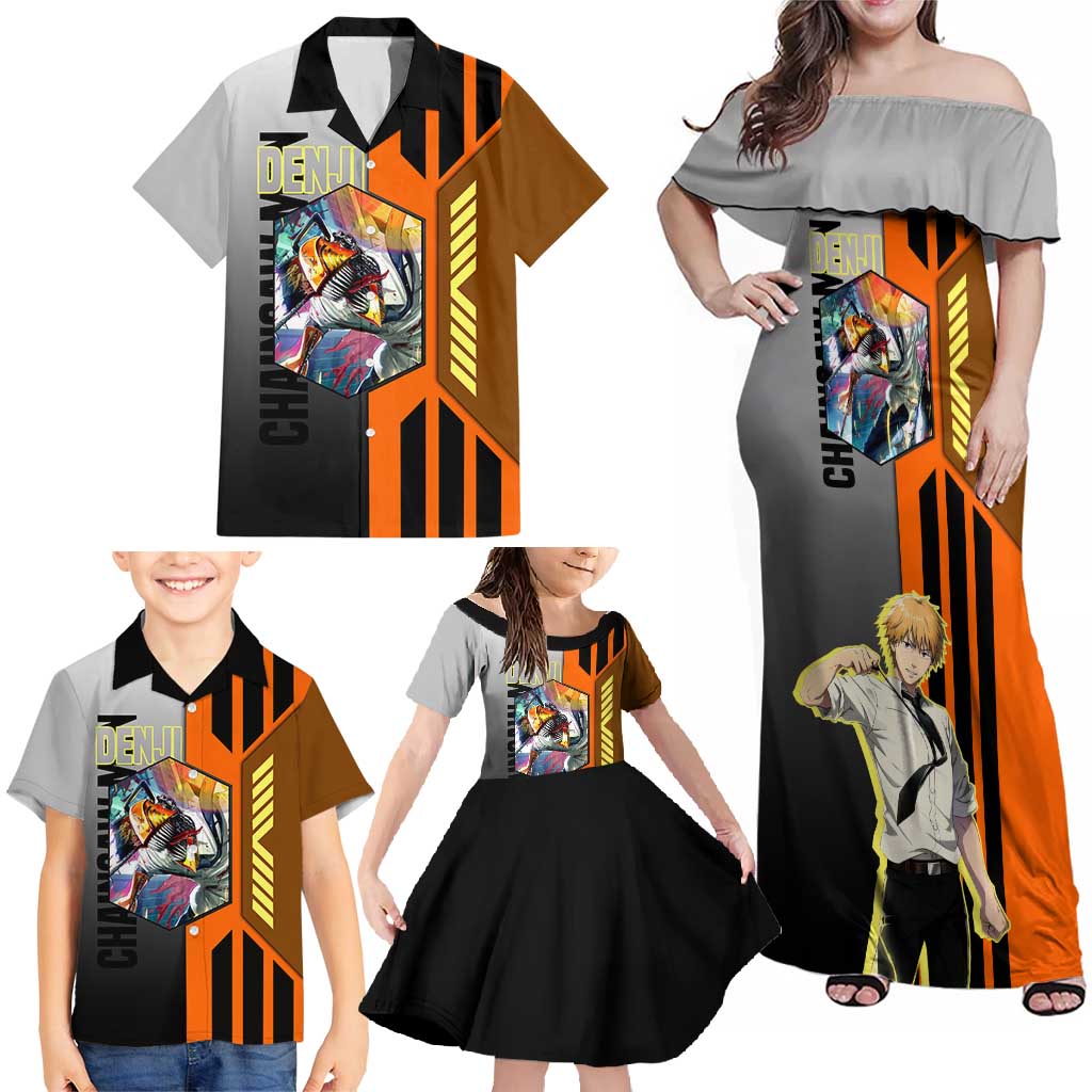 Denji from Chainsaw Man Family Matching Off Shoulder Maxi Dress and Hawaiian Shirt with Energetic Posing and Chainsaw Demon Design - The Mazicc