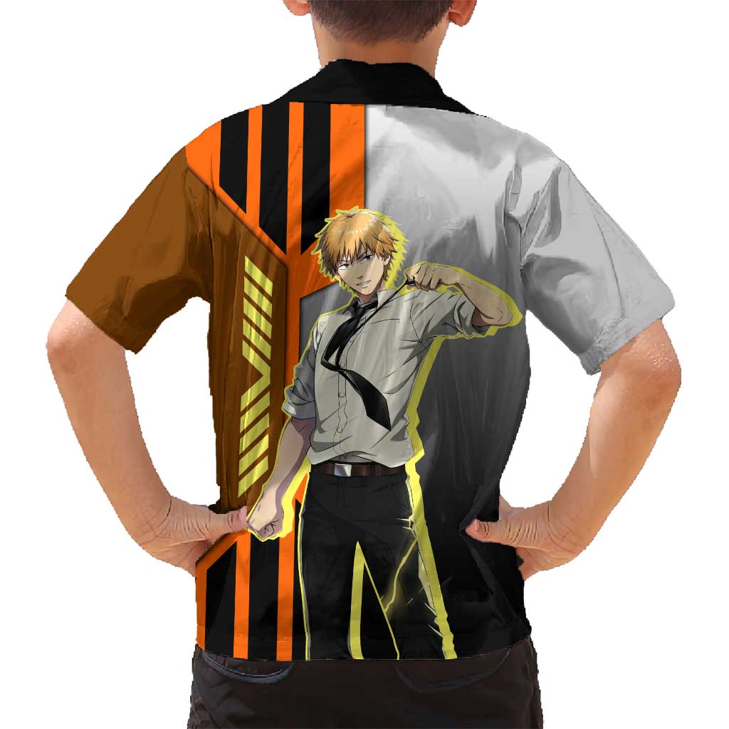 Denji from Chainsaw Man Family Matching Off Shoulder Maxi Dress and Hawaiian Shirt with Energetic Posing and Chainsaw Demon Design - The Mazicc