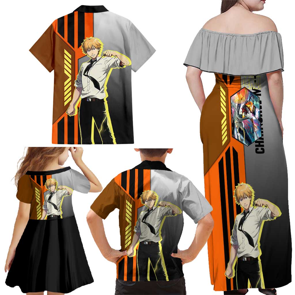 Denji from Chainsaw Man Family Matching Off Shoulder Maxi Dress and Hawaiian Shirt with Energetic Posing and Chainsaw Demon Design - The Mazicc
