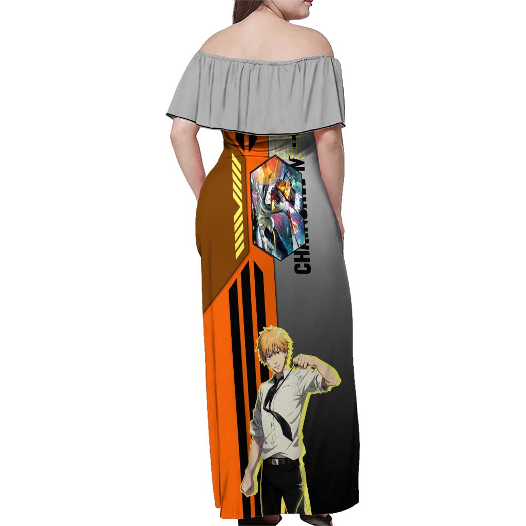 Denji from Chainsaw Man Family Matching Off Shoulder Maxi Dress and Hawaiian Shirt with Energetic Posing and Chainsaw Demon Design - The Mazicc