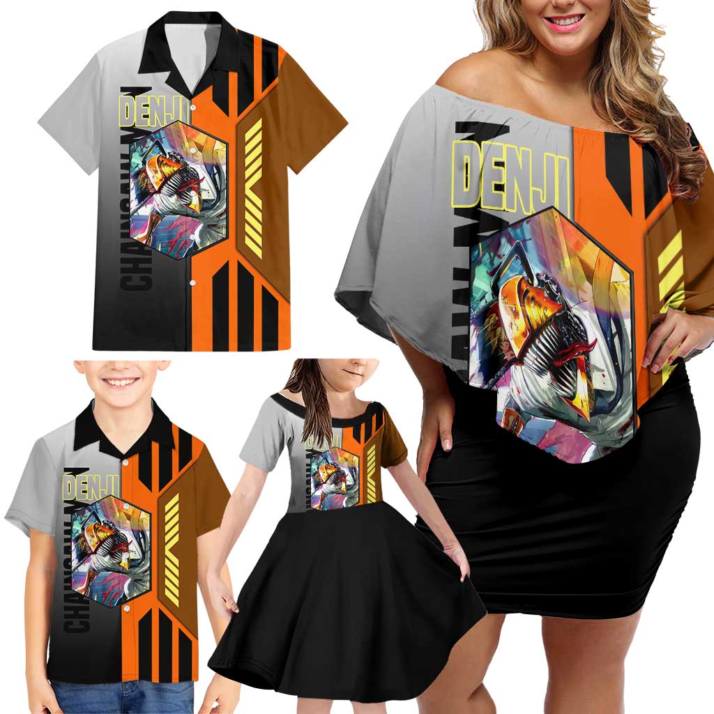 Denji from Chainsaw Man Family Matching Off Shoulder Short Dress and Hawaiian Shirt with Energetic Posing and Chainsaw Demon Design - The Mazicc