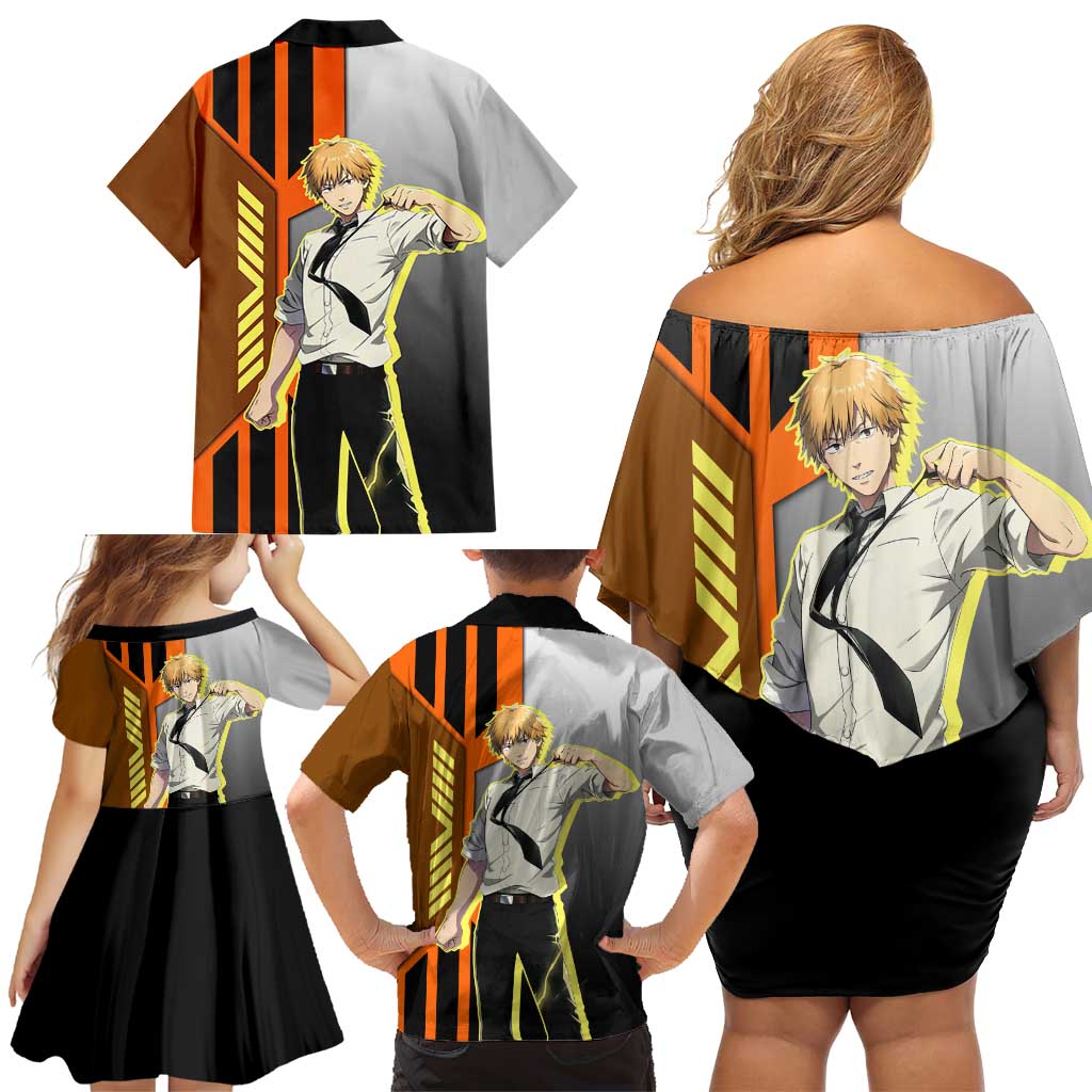Denji from Chainsaw Man Family Matching Off Shoulder Short Dress and Hawaiian Shirt with Energetic Posing and Chainsaw Demon Design - The Mazicc