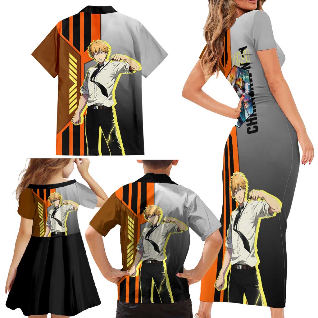 Denji from Chainsaw Man Family Matching Short Sleeve Bodycon Dress and Hawaiian Shirt with Energetic Posing and Chainsaw Demon Design - The Mazicc