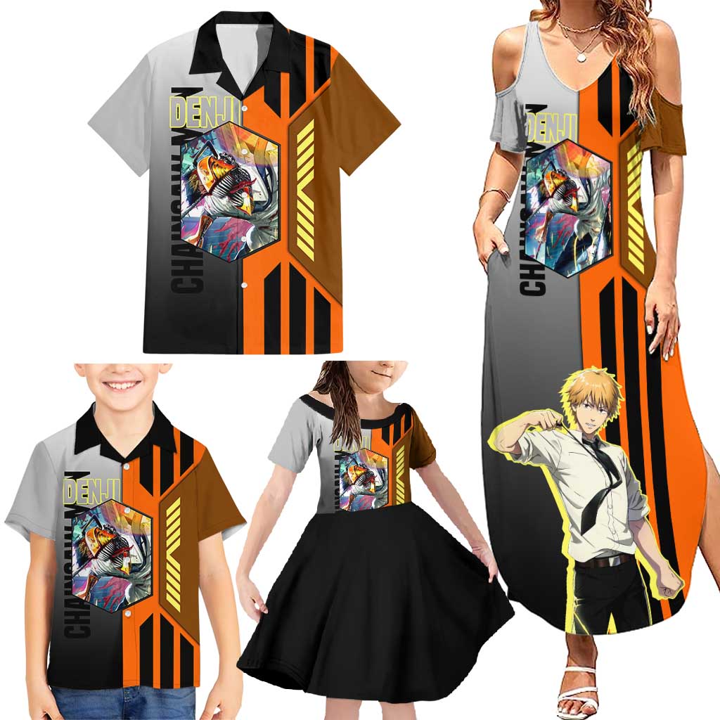 Denji from Chainsaw Man Family Matching Summer Maxi Dress and Hawaiian Shirt with Energetic Posing and Chainsaw Demon Design - The Mazicc