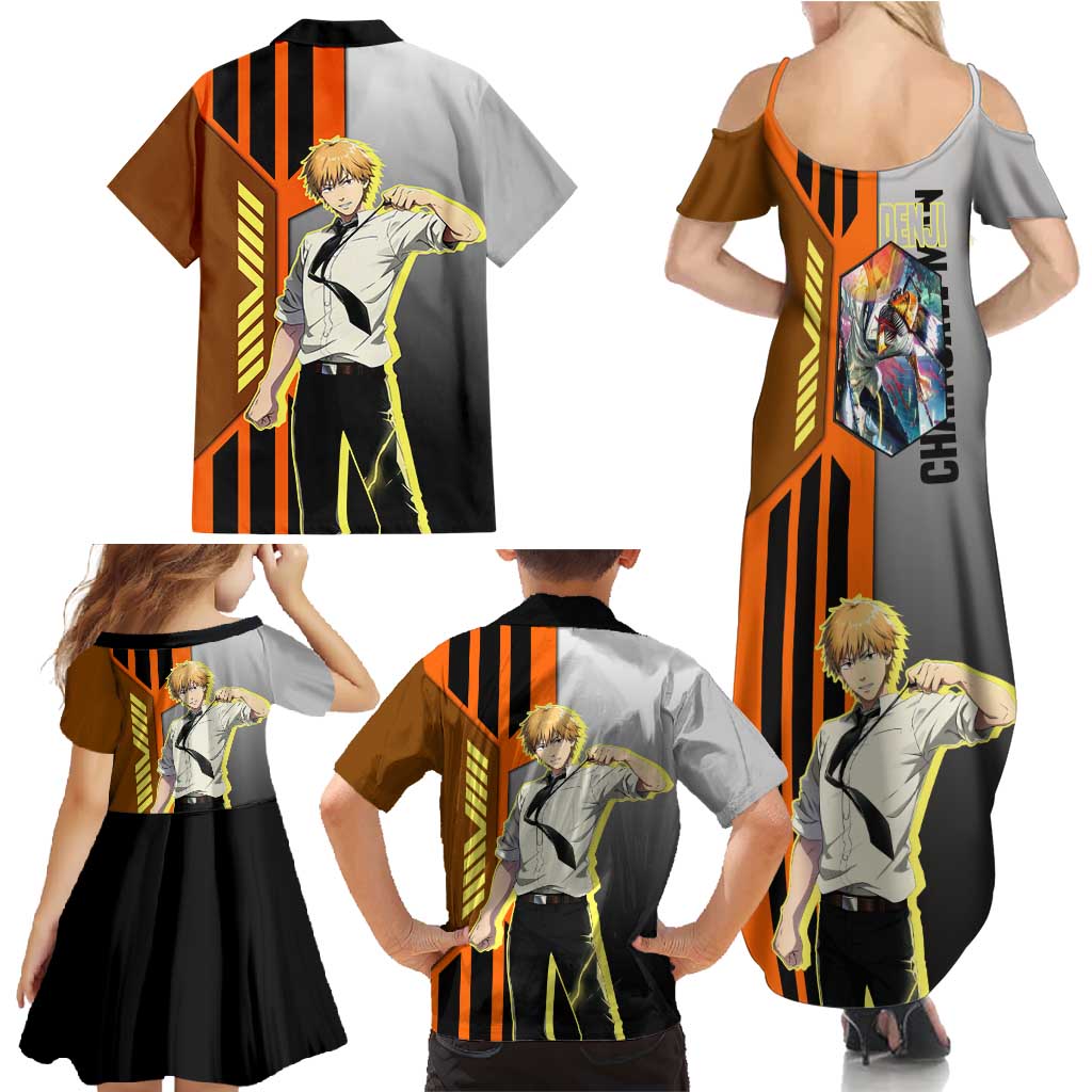 Denji from Chainsaw Man Family Matching Summer Maxi Dress and Hawaiian Shirt with Energetic Posing and Chainsaw Demon Design - The Mazicc