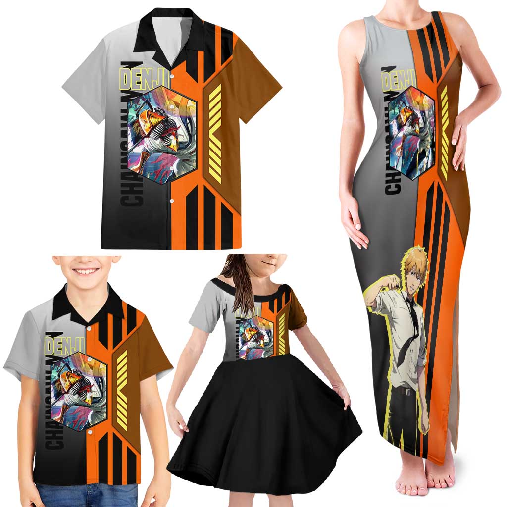Denji from Chainsaw Man Family Matching Tank Maxi Dress and Hawaiian Shirt with Energetic Posing and Chainsaw Demon Design - The Mazicc