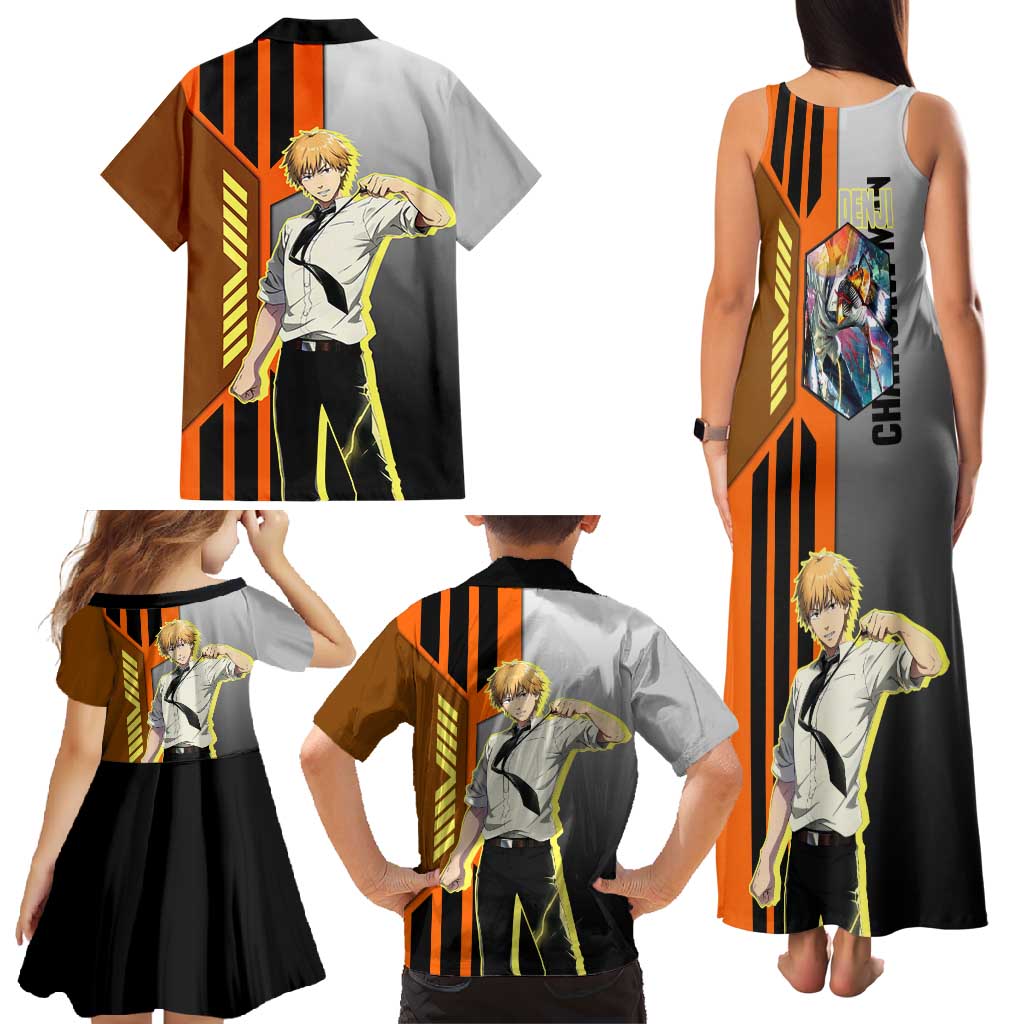 Denji from Chainsaw Man Family Matching Tank Maxi Dress and Hawaiian Shirt with Energetic Posing and Chainsaw Demon Design - The Mazicc