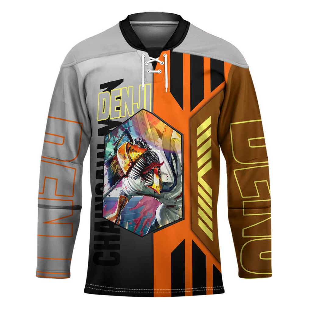 Denji from Chainsaw Man Hockey Jersey with Energetic Posing and Chainsaw Demon Design - The Mazicc