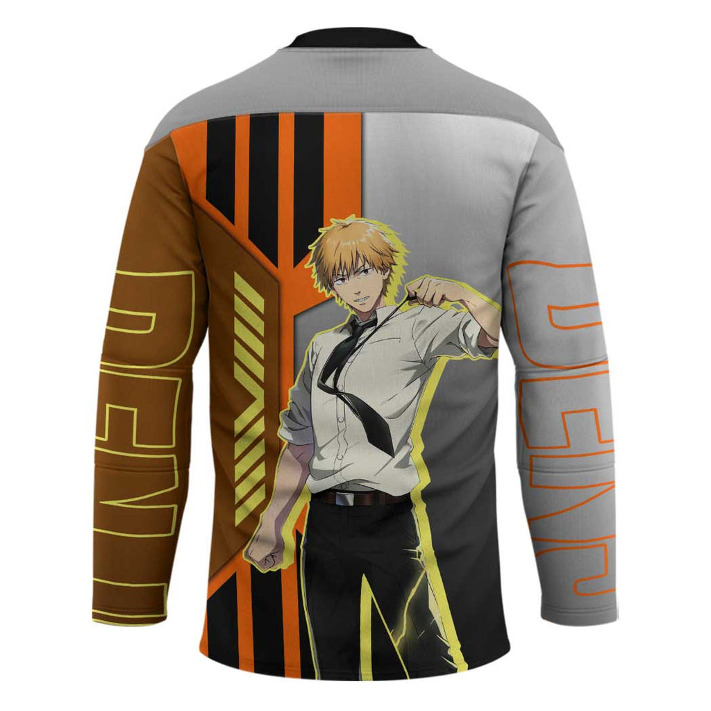Denji from Chainsaw Man Hockey Jersey with Energetic Posing and Chainsaw Demon Design - The Mazicc