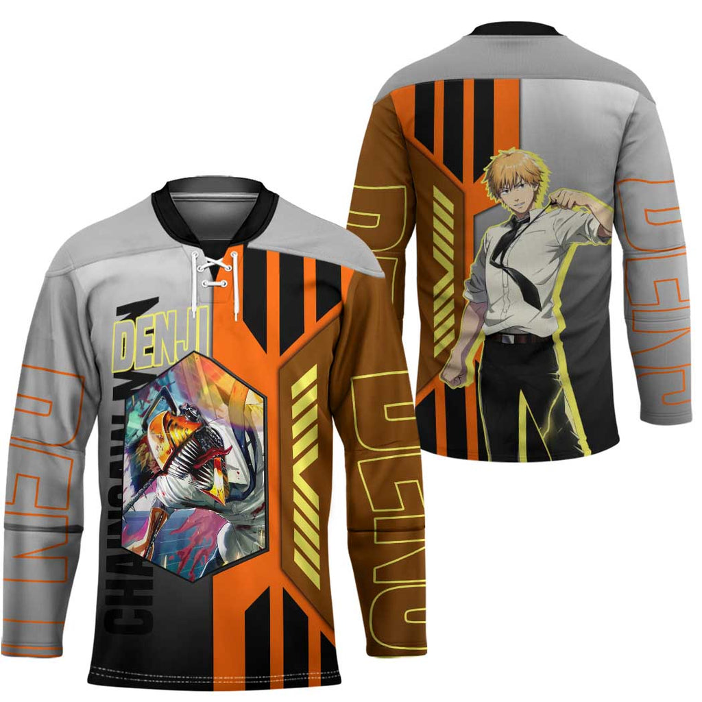 Denji from Chainsaw Man Hockey Jersey with Energetic Posing and Chainsaw Demon Design - The Mazicc