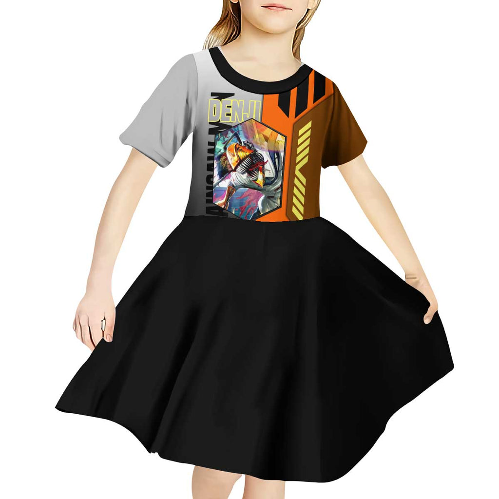 Denji from Chainsaw Man Kid Short Sleeve Dress with Energetic Posing and Chainsaw Demon Design - The Mazicc