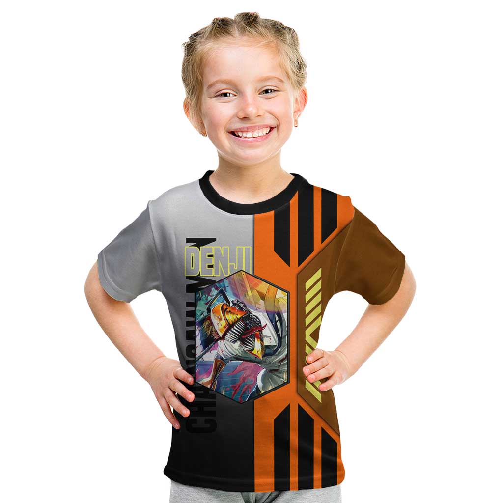 Denji from Chainsaw Man Kid T Shirt with Energetic Posing and Chainsaw Demon Design - The Mazicc