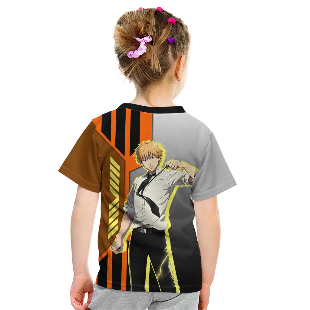 Denji from Chainsaw Man Kid T Shirt with Energetic Posing and Chainsaw Demon Design - The Mazicc