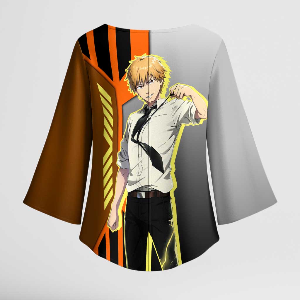 Denji from Chainsaw Man Kimono Sleeve Blouse with Energetic Posing and Chainsaw Demon Design - The Mazicc