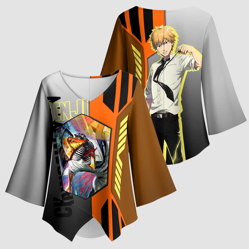 Denji from Chainsaw Man Kimono Sleeve Blouse with Energetic Posing and Chainsaw Demon Design - The Mazicc