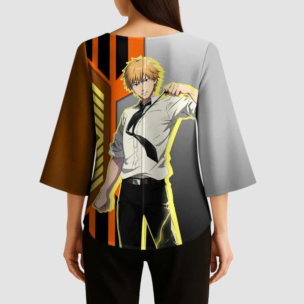 Denji from Chainsaw Man Kimono Sleeve Blouse with Energetic Posing and Chainsaw Demon Design - The Mazicc