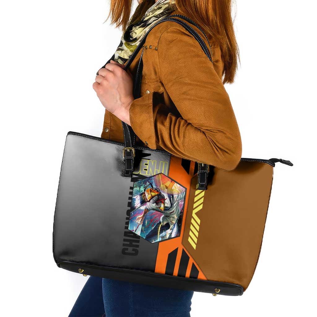 Denji from Chainsaw Man Leather Tote Bag with Energetic Posing and Chainsaw Demon Design - The Mazicc