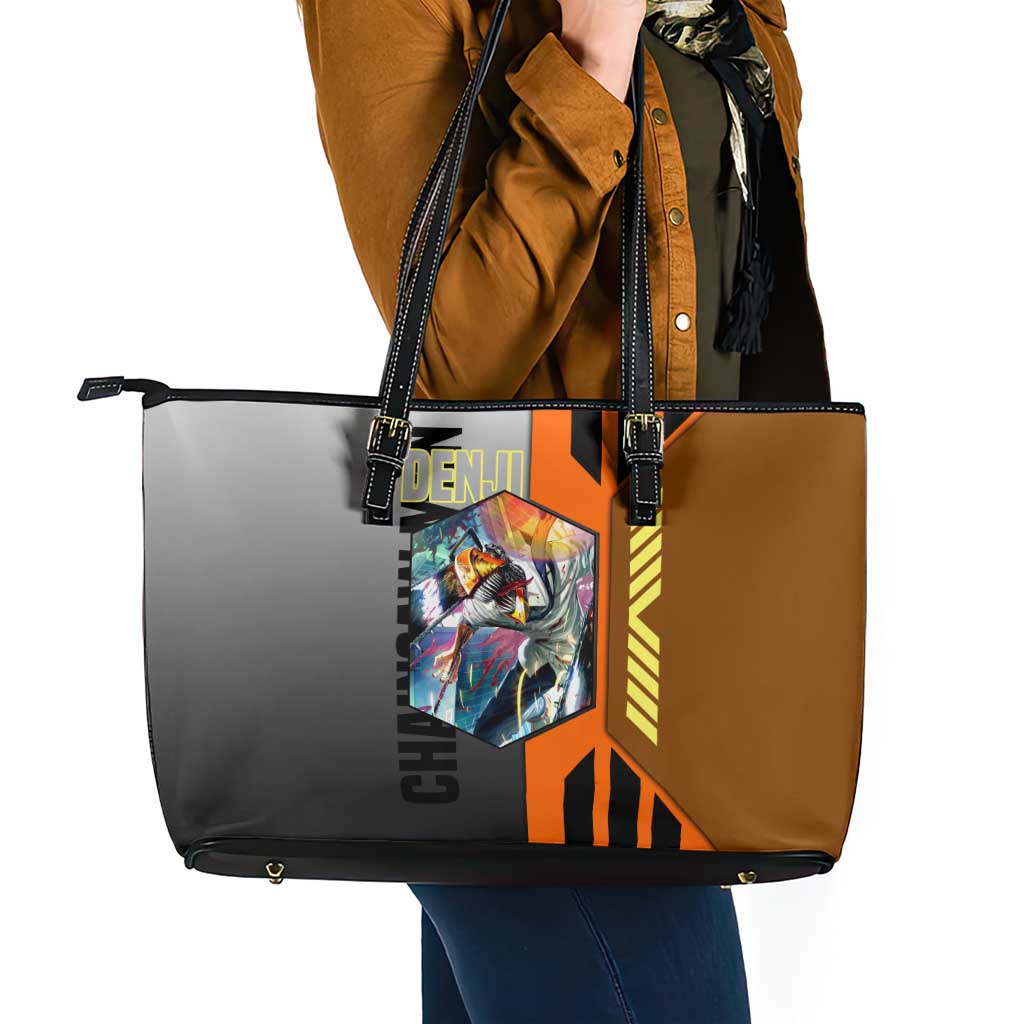 Denji from Chainsaw Man Leather Tote Bag with Energetic Posing and Chainsaw Demon Design - The Mazicc