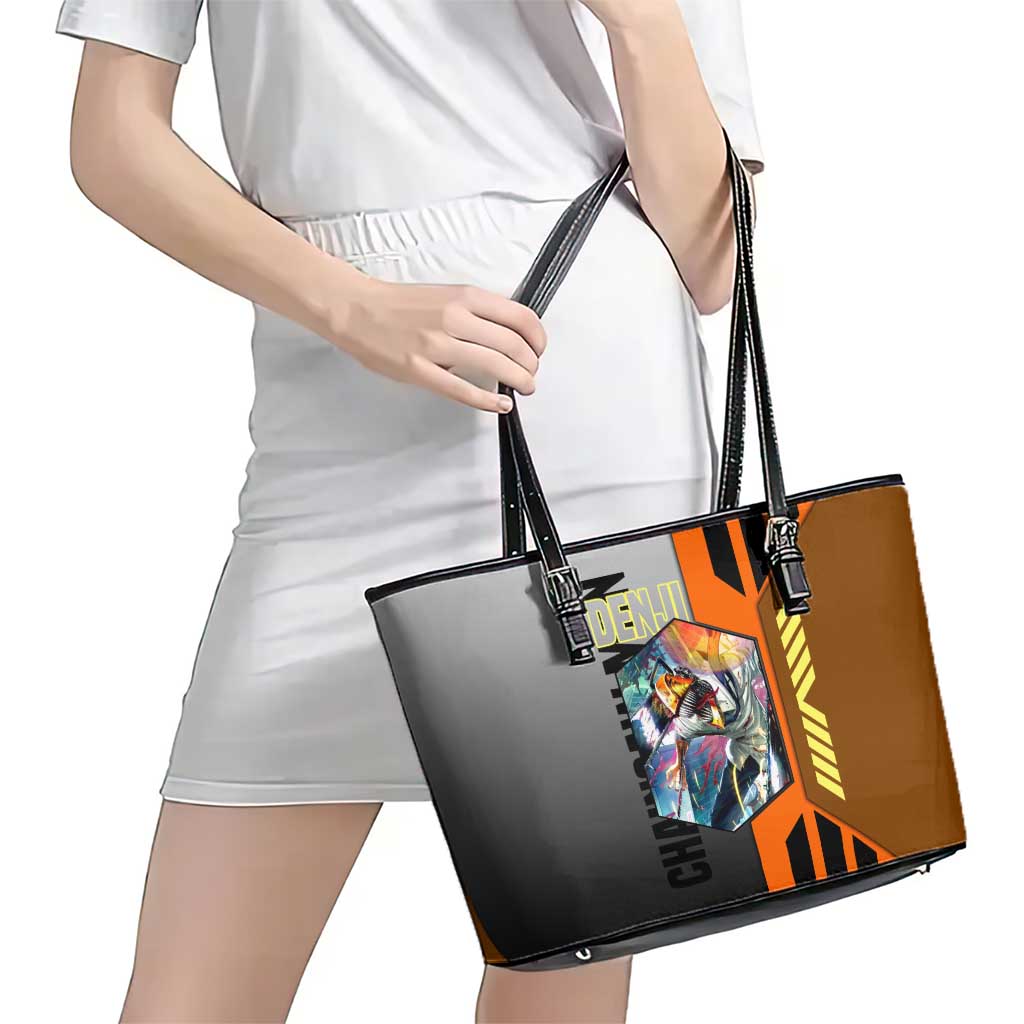 Denji from Chainsaw Man Leather Tote Bag with Energetic Posing and Chainsaw Demon Design - The Mazicc