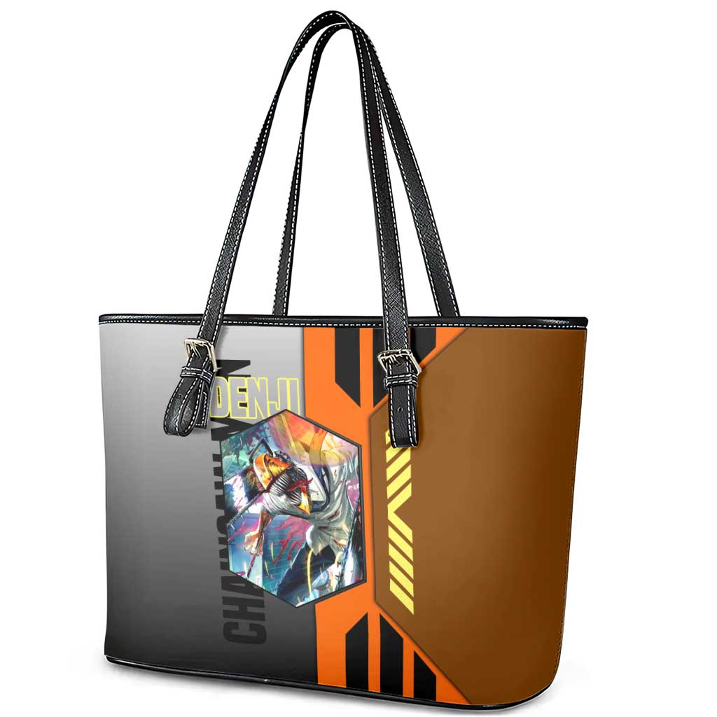 Denji from Chainsaw Man Leather Tote Bag with Energetic Posing and Chainsaw Demon Design - The Mazicc