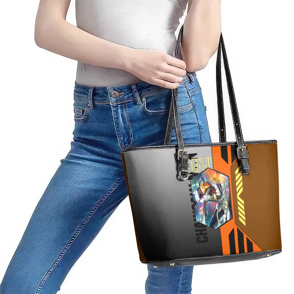 Denji from Chainsaw Man Leather Tote Bag with Energetic Posing and Chainsaw Demon Design - The Mazicc