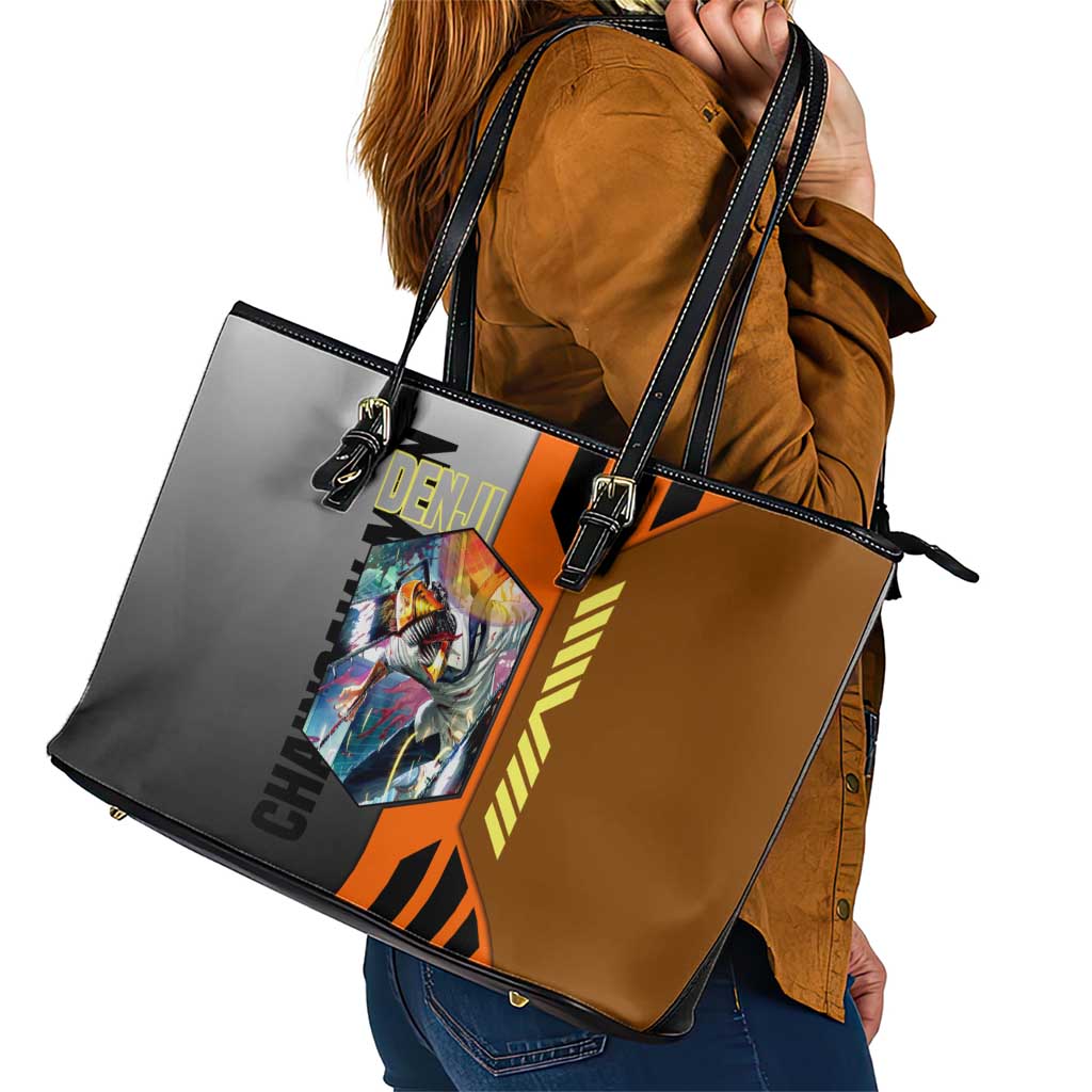 Denji from Chainsaw Man Leather Tote Bag with Energetic Posing and Chainsaw Demon Design - The Mazicc
