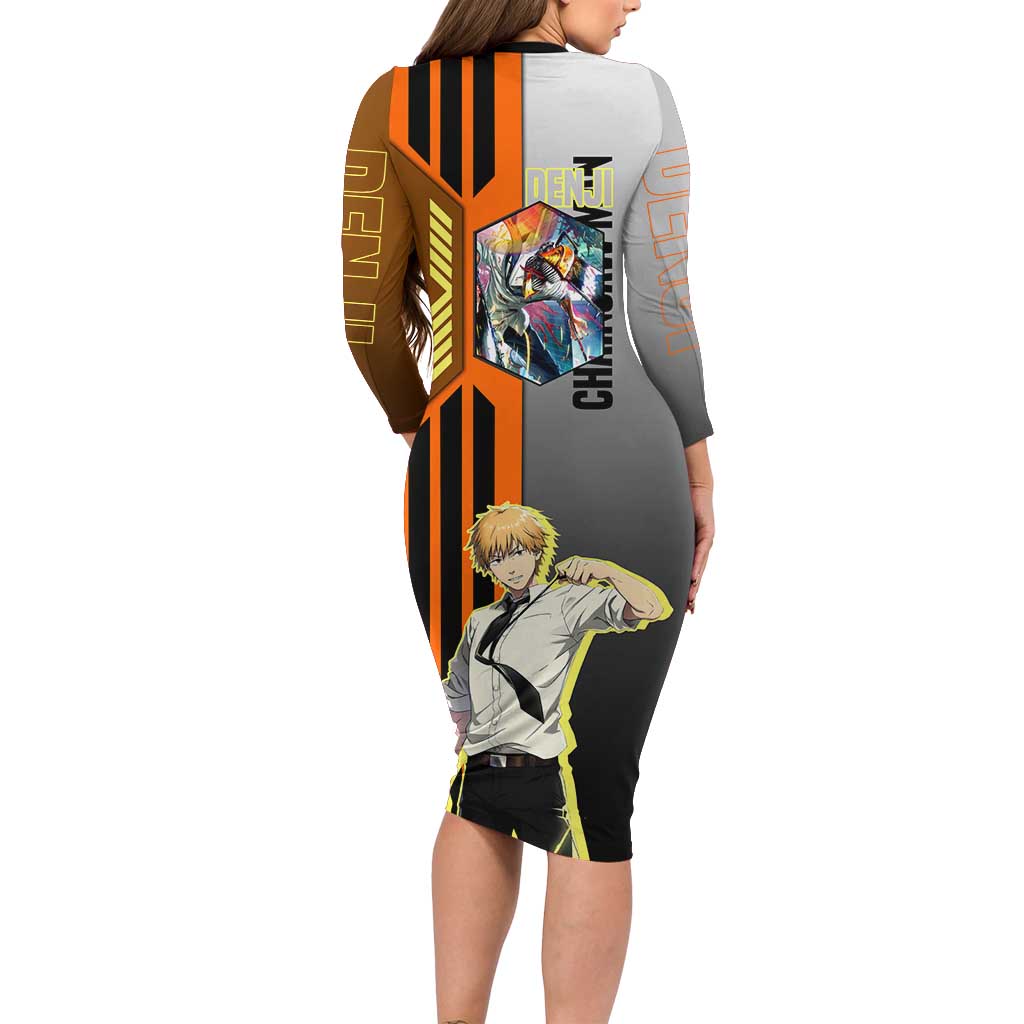Denji from Chainsaw Man Long Sleeve Bodycon Dress with Energetic Posing and Chainsaw Demon Design - The Mazicc