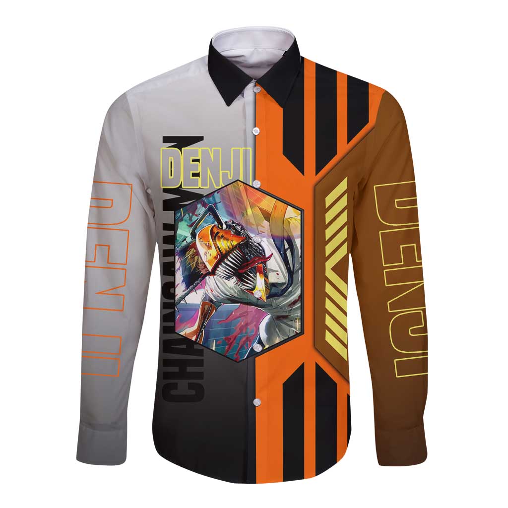 Denji from Chainsaw Man Long Sleeve Button Shirt with Energetic Posing and Chainsaw Demon Design - The Mazicc