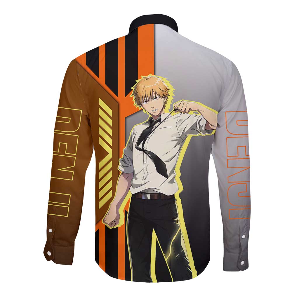 Denji from Chainsaw Man Long Sleeve Button Shirt with Energetic Posing and Chainsaw Demon Design - The Mazicc